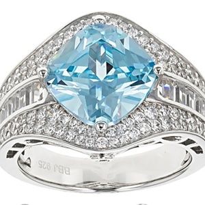 Aqua Blue solitaire ring rhodium over.925 sterling
